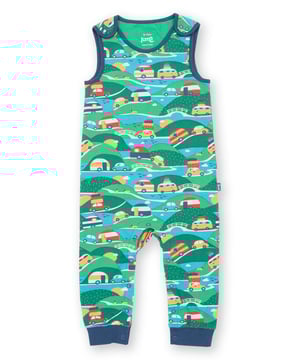 95% organic cotton 5% elastane |  Proud to be certified by Control Union to the Global Organic Textile Standard (GOTS) |  Holibobs all-over print |  Single jersey with a little bit of stretch |  Popper crotch opening (up to and including size 3 years) |  Shoulder popper opening |  Navy blue cuffs and binding |  Made in Turkey |  Machine washable at 40 degrees, or at 30 degrees to be kinder to the planet