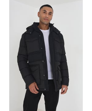 Stay warm this season in this hooded padded parka jacket from Brave Soul. Designed with mixed fabric, this jacket features zip and popper fastening, and two front pockets with side entry. Additional patch chest pockets, funnel neck with hood and drawcord. Model wears UK size M.