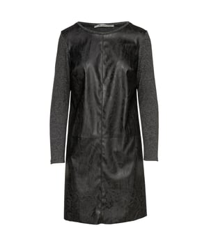 Vestido gris oscuro en tejido de punto de mezcla de cachemira. Detalle de cuero falso moiré gris oscuro en la parte delantera. Mangas largas y cuello redondo. Detalle de costura negra en la parte delantera. Pinzas en el busto. Longitud: por encima de la rodilla. Medidas para la talla 36/S (en cm): Hombro -39, Pecho-45, Cintura-44, Bajo-47, Longitud de manga-59, Longitud del cuerpo-90.