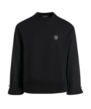 Schwarzer Pullover mit Belstaff-Markenlogo, 94 % Baumwolle, 6 % Elastan, zum uberziehen, leichtes Armmaterial mit Knebelverschluss am Handgelenk, elastischem Hals, armelenden und Saum