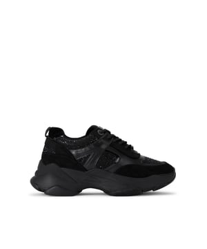 This KG Kurt Geiger Lucile Lace Up Gem sneaker is a chunky black style with crystal embellishment across the upper. The branding details are in a chic gunmetal and the exaggerated sole is in black rubber.