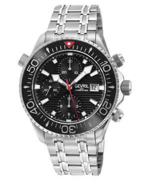 Reloj automático suizo Gevril 48810B para hombres de la colección Hudson Yards Chronograph
Caja de cronógrafo de acero inoxidable satinado y pulido de 43 mm con anillo cerámico plateado/negro, esfera negra, fecha a las 3 en punto
Bisel giratorio unidireccional, válvula de liberación de helio, marcadores luminosos
Fondo de caja transparente, corona roscada
Brazalete de acero inoxidable satinado y pulido 316L con cierre desplegable y extensión de buceo
Cristal de zafiro antirreflectante
Resistente al agua hasta 300 metros / 30 ATM
Movimiento automático suizo SW500.