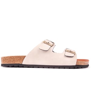Moda con conciencia y sensación de bienestar, la sandalia con plantilla Mango V.gan, sencilla y ecológica, no solo es buena para tus pies, sino que también es respetuosa con los animales, sostenible y de origen ético. La cómoda sandalia de doble correa está rematada con hebillas metálicas ajustables y la chancla clásica ofrece la plantilla moldeada con la marca.
