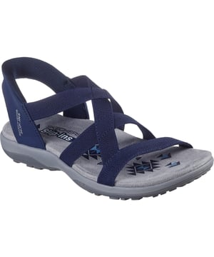 Geniet van zonnige dagen in luchtig comfort met Skechers Hands Free Slip-ins: Reggae Slim - Stretch Flex. Deze sandaal is ontworpen met ons hielkussen en heeft een bovenwerk van stretchstof met een hielstuk en een voetbed met kussentjes.
