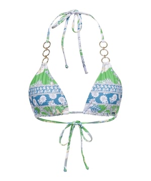 Entdecke ein Bikinioberteil, das die Grenzen des klassischen Designs sprengt. Mit stufenloser Anpassung für eine perfekte Passform. Die eleganten Chain Rings verleihen einen Hauch von Raffinesse und Glamour. Dank der herausnehmbaren Polsterung kannst du deinen Look ganz nach Wunsch gestalten. Der atemberaubende Allover-Print sorgt für einen trendigen Look, der alle Blicke auf sich zieht. Der Bindeverschluss garantiert einen sicheren Halt und lässt sich individuell anpassen. Ein Triangel-Bikini, der Komfort und Stil perfekt vereint.