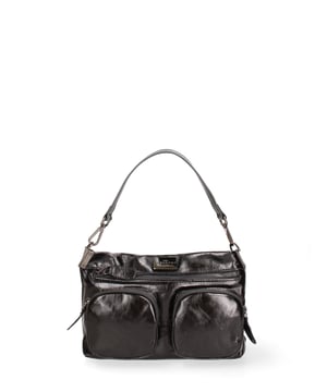 Bolso bandolera para mujer. El cierre es con cremallera. Los bolsillos internos son uno con cremallera. Los bolsillos externos son dos delanteros con cremallera y uno trasero con cremallera. La bandolera es ajustable y extraíble en tejido y piel. El mango es de piel. Hay un compartimento interno. El material exterior es piel auténtica laminada. Internamente está forrado en tejido 70% algodón - 30% poliéster. Medidas: 23x15x11,5 cm. Hecho en Italia