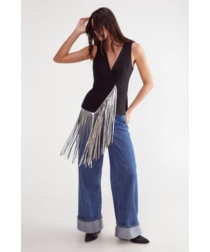 Tailored Faux Leather Fringed Top