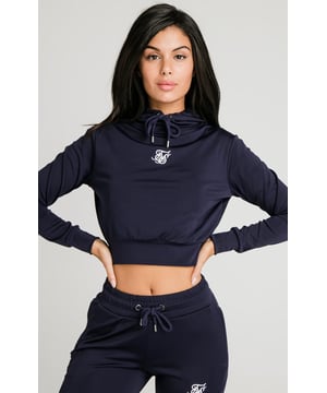 inchNavy Essential Track TopSoft touch fabricCropped lengthDrawstring hoodEmbroidered SikSilk logoLong sleevesStraight hemMachine wash95% Polyester 5% Elastane inch
