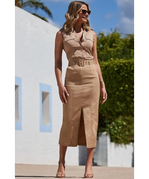 Trending: utility chic Crafted from soft fabric for comfort and style Belted high waist for a flattering fit Elegant pencil hem with a sexy split detail Pockets, because everything is better with pockets Create a co-ord with the matching top or tuck in a vest