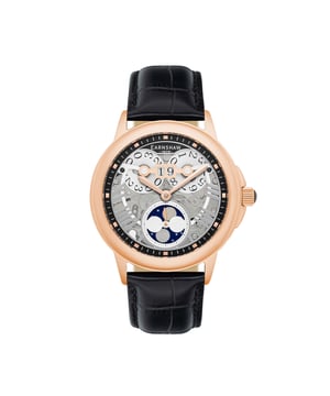 Collection: Alfred Waterhouse Grand Date Moon Phase 
Model: Es-8245-05
Movement: Automatic 
Case Material: Stainless Steel
Case Diameter (mm): 42
Case Thickness (mm): 14.5
Case Shape: Round
Case Color: Rose Gold
Dial Color: Rose Gold
Band: Genuine Leather Strap
Band Color: Black
Buckle: Strap Buckle
Band Width (mm): 22
Water Resistance: 3 Atm
Watch Weight (g): 140
Warranty: 2 Years International Warranty