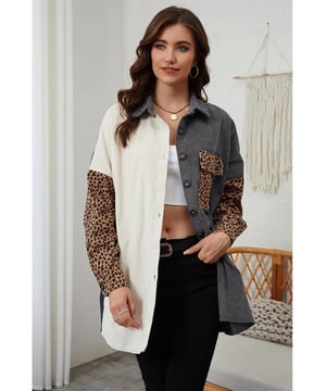 Camisa chaqueta femenina elegante y versátil  
Diseño en bloques de color con parches de leopardo  
Fabricada con tejido de pana de calidad  
Sensación suave y cómoda  
Perfecta para capas  
Proporciona calidez y un aspecto a la moda  
Apropiada para diversas ocasiones  
Se puede combinar con jeans, faldas o vestidos  
Material: 95% Poliéster 5% Elastano