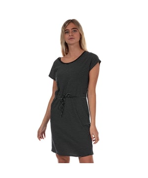 Womens Vero Moda April Stripe Dress in black - snow white.Casual tee dress crafted from soft cotton jersey.- Round neck.- Short sleeves.- Allover stripe design.- Self fabric drawcord cinches in your waist for a flattering fit.- Side seam pockets.- Tonal back neck tape.- Loose fit.- Measurement from shoulder to hem: 35in approximately.- 100% Organic cotton.  Machine washable.- Ref: 10198244Measurements are intended for guidance only.
