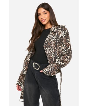 Eye-catching leopard print design
        Classic biker jacket silhouette
        Notched collar with lapels
        Asymmetrical zip front closure
        Multiple functional pockets for practicality
    
    Make a bold statement with this fierce jeans-biker jacket featuring a striking leopard print. The classic biker silhouette is given a wild twist, perfect for the fashion-forward woman who loves to stand out. Style it with a simple black top and wide-leg trousers for a balanced look that lets the jacket take centre stage. Ideal for casual outings or adding edge to your evening ensemble, this versatile piece can be dressed up or down. Pair with ankle boots and statement earrings for a night out, or throw it over a casual dress with trainers for a chic daytime look. The multiple pockets offer both style and functionality, making this jacket a practical choice for various occasions. Whether you're heading to a family gathering or meeting friends for coffee, this jacket will ensure you're always dressed to impress.