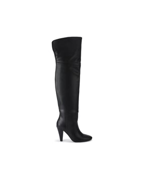 The KG Kurt Geiger Swanky knee high boot is crafted from a black leather alternative and reaches above the knee. There is a subtle stitching detail and open 'v' at the back of the thigh for comfort. Heel height: 8cm.