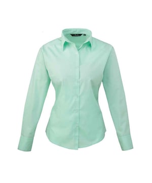 65% Polyester, 35% Cotton Poplin. Design: Plain. Fastening: Button. Neckline: Collared. Hem: Curved. Cuff: Double Button. Sleeve-Type: Long-Sleeved. Back Darts, Bust Darts, Double Folded Seams, Easy-Care, Pearlised Buttons. Fit: Fitted. 105gsm. Sustainability: Amfori, BSCI, REACH, Sedex, WRAP Certified.