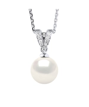 Halskette PRESTIGE-Schmuck – Echte Süßwasser-Zuchtperle rund 9–10 mm – Qualität AAA+ – Farbe Naturperle weiß – Zirkonia-Einlage – Kettenglied-Forçat aus Silber 925 rhodiniert – Länge 42 cm – Lieferung mit Echtheitszertifikat und internationaler Garantie, HERGESTELLT IN FRANKREICH