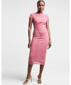 Mesh fabric, Striped, Ruched detail, Crew neckline, Short sleeves, Midi length