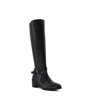 Womens Dune Trusti Casual Knee-High Boots in black.- Leather upper.- Side zip fastening.- Buckle fastening.- Low block heel.- Rubber sole.- Ref: 00895104903484
