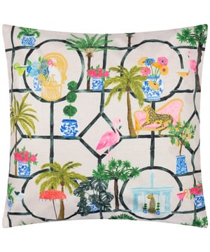 Bring effortless style to your outdoor living space with the Palm Royale Club Printed Outdoor Cushion. Designed with a stylish raw-edge finish and a double-sided pattern, this cushion blends contemporary geometric shapes with opulent art deco-inspired motifs. Vibrant flamingos, relaxed leopards, and lush foliage evoke the glamour of Palm Springs, making it a conversation starter for any gathering. Built for the outdoors, its water-resistant fabric ensures durability and practicality, whatever the season. Transform your outdoor seating area into a chic retreat that reflects your unique style and leaves a lasting impression on guests.