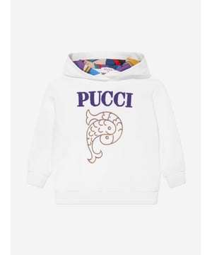 Emilio Pucci embody innovation and timeless luxury in their beautifully crafted designs. This girls cotton jersey ivory hoodie is a captivating everyday piece. It showcases a logo depicting two interlocking fish in the shape of the brand's initial, 'PUCCI' embroidery and the iconic 60s print on the hood via multicoloured properties. ‚ Ribbed Cuffs/Hem ‚ 100% Cotton