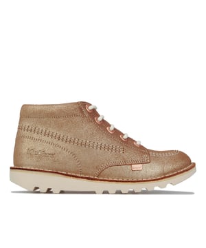 Junior Girls Kickers Kick Hi Suede Boots in dark tan.<BR><BR>- Premium glitter suede upper.<BR>- Lace closure.<BR>- Inner zip for easy on - off.<BR>- Classic triple stitch detail.<BR>- Rose gold tone eyelets and brand tabs.<BR>- Padded collar.<BR>- Iconic Kickers fleurette and tabs.<BR>- Kickers branding at tongue and side heel.<BR>- Durable rubber outsole.<BR>- Suede upper  Textile and leather lining  Rubber sole.<BR>- Ref: 1-15687