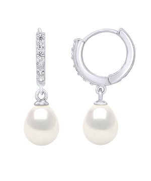 Creolen-Ohrringe, echte Süßwasser-Zuchtperlen, Birne 8–9 mm – FARBE NATÜRLICH WEISS – und 12 Zirkonia – Kreolischer Verschluss – Silber 925 rhodiniert – Lieferung mit Echtheitszertifikat und internationaler Garantie – HERGESTELLT VON UNSEREN FRANZÖSISCHEN JUWELIEREN