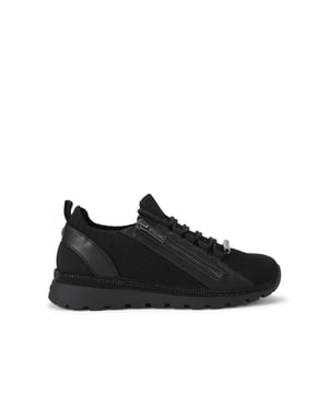 This Carvela Pace Zip Knit trainer features a black fabric upper with slight glimmer. The front laces are tubular with a gunmetal zip on the eye stay. There is a black crystal panel around the midsole.