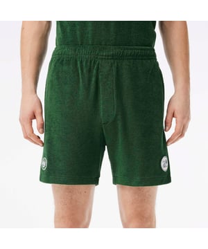 Mens Lacoste x Roland Garros Edition Sportsuit Sport Tennis Shorts Terry knit cotton Regular fit  straight cut  Lacoste x Roland Garros label on back Co-branded woven label on inside Embroidered crocodile on leg