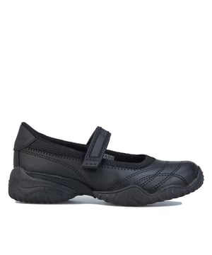 Children Girls Skechers Velocity Pouty Shoes in black.- Synthetic and leather upper.- Hook and loop closure.- Single strap.- Skechers label on strap and heel.- Stitched detailing throughout. - Lightweight.- Cushioned insole.- Leather and synthetic upper  Textile lining  Synthetic sole.- Ref: 81264LBBK