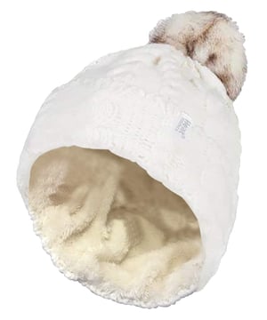 These ladies Heat Holders turn over cuff bobble hats have a fabulous fleece plush insulating lining, called Heatweaver, that is even more effective at holding warm air in that regular lining. This silky, soft lining doesn't just feel luxurious, it also assures you of warm ears in the harsh winter. This all is made with the Heat Holders Yarn which is expertly made in order to keep you nice and warm, with its superior moisture wicking abilities and keep all the cold out. All these features guarantee that you are toasty warm throughout the cold weather. The new pom pom hat has a turn over cuff and a fluffy soft pom pom on the top to give your hat that extra style and character this winter. The outer layer is covered with a beautiful cable knit design. Available in 7 different colours and in one size fits all.