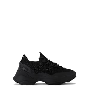 This KG Kurt Geiger Lively Gem sneaker is a black knitted sneaker which is embellished with black crystals. There is gunmetal branding across the upper and embossed branding on the heel.