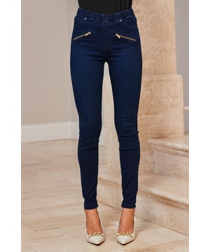 MORE STOCK COMING SOON - JOIN THE WAITLIST!
REASONS TO BUY:

Like jeans, but comfier
Soft touch fabric + elasticated waist = serious comfort
Chic indigo wash: dress them up or down
Cool biker zip detail
Classic skinny fit
You'll wear them with everything

Inside leg to fit: Short - 29" | Regular - 31" | Long - 33"