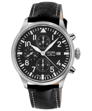 Reloj automático suizo Gevril 47100 Vaughn para hombres
Reloj cronógrafo automático suizo para hombres Gevril de la colección Vaughn
Estuche redondo de acero inoxidable 316L de 44 mm, esfera negra cronógrafo con 3 subesferas: contador de 1/8 segundos, contador de 30 minutos, contador de 12 horas
Fondo de caja con 4 tornillos, corona de empuje/tirón, bisel pulido, estuche satinado
Edición Limitada 001/500
Correa genuina negra italiana hecha a mano con hebilla de tang
Cristal de zafiro antirreflectante
Resistente al agua hasta 50 metros/5ATM
Movimiento cronógrafo automático suizo ETA7750