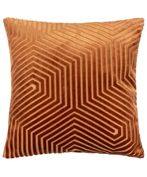 A luxuriously designed cushion featuring mesmerising, strong geometric cut velvet detailing, giving it plenty of stage presence. The Evoke cushion is complete with metallic threads running through the base fabric, in a bold golden weave, set on a jewel toned background which makes this piece stand out. Finished with a smart knife edged trim, hidden zip closure and a plain velvet reverse. Layer them tone on tone or in contrast jewel colours to suit your sophisticated sanctuary.