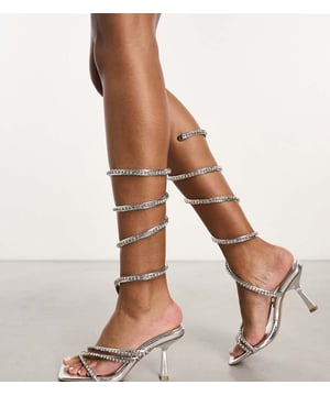 Shoes by Simmi Wide Fit Dress from the feet up Wrap-around design Diamante embellishment Open toe Flared heelSold By: Asos