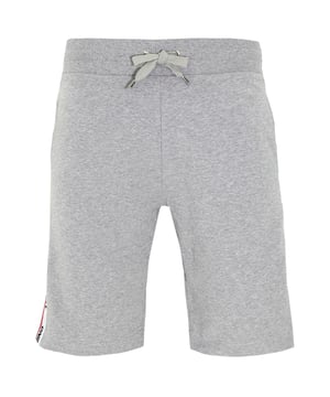 Graue Moschino-Shorts, Tape-Logo an den Beinen, elastische Taille, bequeme Stretch-Passform, 95 % Baumwolle, 5 % Elasthan, Gesasstasche, Kordelzugbander, Moschino-Loungewear, geklebtes Branding, einfarbiges Logo auf der Tasche