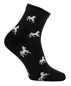 COMODO - Ladies Low Cut Equestrian Ankle SocksComodo has been providing high-quality socks for men and women since 1996. They sell a range of socks for hiking, cycling, hunting, skiing, and now, horse riding! Whichever type of socks you wear, your feet are bound to feel comfortable and warm, no matter the weather or environment!These specific socks are designed for horse riding and are ideal for the summer months, but they're also perfect if you just want to stay comfortable while looking cute. These socks are made from cotton rich fibres which means they are very soft and make sure to keep your feet comfy during your afternoon ride.They come in five different colours which are: Black, Navy, Grey, Brown and Fuchsia and also feature cute horse patterns that are sure to bring a smile to the face of any horse lover. Comodo riding socks are sure to look great and maintain their condition wear after wear.They're lightweight and soft on the skin, perfect for wearing all day long! The soft touch cotton material also helps to wick away moisture and sweat, especially if you’ve been horse riding for longer hours in the summer.These socks are made from 70% Cotton, 25% Polyamide, 5% Elastane and come in 5 colour options. They are available in 2 sizes: 3-5 UK, 4-8 UK and are Machine Washable.Extra Product DetailsLadies Equestrian SocksLow Cut Ankle LengthCotton Rich FibresDesigned For Horse RidingIdeal For The Summer MonthsSoft & Comfortable5 Colours AvailableCute Horse Patterns70% Cotton, 25% Polyamide, 5% Elastane2 Size OptionsMachine Washable
