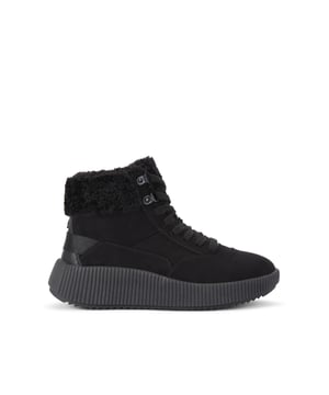 This KG Kurt Geiger Later boot features a black microsuede boot is an ankle boot with lace up front. There is a black faux Borg linen around the ankle and interior. The sole is extra chunky with ridge detail.