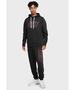 Nike Mens Club Tracksuit Set In Black.   
Drawstring Hoodie With Pouch Pocket.  
Overhead Design.  
Nike Logo Print and Swoosh Embroidery on the Left Leg.  
Fitted Trims.  
Elasticated Waist Matching Joggers.   
Side Pockets, Fitted Cuffs.