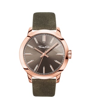 mens watch  hour minute second  stainless steel pin buckle  Stainless steel Leather  The REBEL AT HEART mens watch from THOMAS SABO with its perfect proportions stands for a stylishly modern attitude towards lifeThe minimalist dial straightlined indices and hands that immediately catch the eye  with their subtle retro style harmonise perfectly with the progressive effect of the large timepiece With attention to detail the classic structure of the model extends into the abstracted minute hand With the brown leather bracelet and sunray dial the toneon tone composition becomes an allrounder that attracts undivided attention