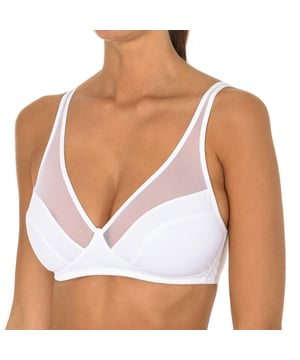 Beha zonder randen.
 Cups zonder schuim, met streep van microtule bovenaan.
 Elastische en verstelbare bandjes.
 Achtersluiting met beugels met drie standen.
 Elastische zijkanten.
 Naden in toon zichtbaar.


 Onderhoud:
 - Handwas.
 - Geen bleekmiddel gebruiken.
 - Niet in de droger.
 - Niet strijken.
 - Niet chemisch reinigen.

 Samenstelling: 75% Polyimide, 25% Elastaan
 Onderhoud:
- Handwas.
 - Geen bleekmiddel gebruiken.
 - Niet in de droger.
 - Niet strijken.
 - Niet chemisch reinigen.