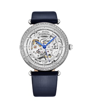 Womens Automatic Skeleton Silver Alloy Case Navy leather strap