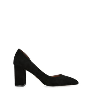 The Kurt Geiger London Burlington Court is crafted from a black suede embellished with pointed toe and block heel. There is a flattering cut out at the inner side of he shoe. Heel height: 10cm.
