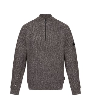 Gewebetechnik: langlebig, Strapazierfähig. Materialzusammensetzung (%): 32% Acryl, 25% Wolle, 23% Baumwolle, 11% Nylon, 8% Polyester, 1% Spandex. Gewebe: Jerseyware, meliert. Design: Logo. GSM (Gramm pro Quadratmeter): 545. mit halbem Reißverschluss. Langärmlig. gerippt, Stehkragen. Bündchen: gerippt. Saum: gerippt.