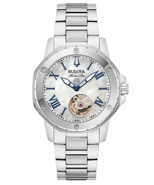 This Bulova Marine Star Analogue Watch for Women is the perfect timepiece to wear or to gift. It's Silver 35 mm Round case combined with the comfortable Silver Stainless steel watch band will ensure you enjoy this stunning timepiece without any compromise. Operated by a high quality Automatic movement and water resistant to 10 bars, your watch will keep ticking. This high quality watch is an incredible eye-catching Women's watch. This Analogue watch has a function: Luminous Hands High quality 19 cm length and 17 mm width Silver Stainless steel strap with a Deployment clasp Case diameter: 35 mm,case thickness: 10 mm, case colour: Silver and dial colour: White
