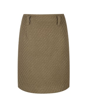 Dieser olivfarbene Minirock ist aus einem dicken Jacquard-Wollmantelstoff gefertigt. Er hat Gürtelschlaufen an der Taille und wird hinten mit einem Reißverschluss geschlossen. Der Rock ist mit einer dezenten A-Linien-Silhouette gestylt. Er ist gefüttert.