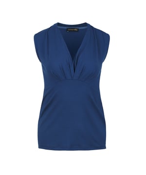 Blaues CONQUISTA Oberteil aus Stretchmaterial: Viskose-Elastan. Ärmellos mit einer faux wrap Front schaffen einen tiefen V-Ausschnitt. Naht unterhalb der Büste. Länge, bei Größe 36/S, 62cm. 92%Baumwolle-%Elastan
