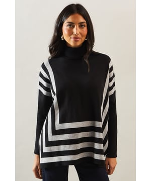 Chic striped roll neck poncho design
        Oversized, relaxed fit for ultimate comfort
        Elegant contrasting stripe pattern
        Long sleeves with dropped shoulders
        Versatile length suitable for various styling options
    
    Embrace sophistication and comfort with this striking striped roll neck poncho from Wallis. The oversized silhouette offers a relaxed fit, perfect for those who appreciate both style and ease. The elegant contrasting stripe pattern adds visual interest, while the long sleeves with dropped shoulders contribute to its laid-back charm. Ideal for casual events and family gatherings, this versatile piece can be styled effortlessly. Pair it with slim-fit trousers and ballet flats for a polished daytime look, or layer it over a fitted dress with ankle boots for a more refined ensemble. The poncho's adaptable length allows for various styling possibilities, making it a wardrobe staple for the fashion-forward woman who values both glamour and practicality in her everyday attire.