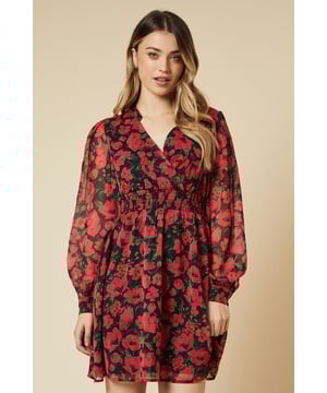 Spaced Floral Chiffon Shirred Waist Long Sleeve Mini Dress