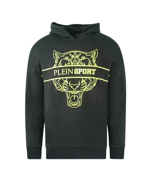 Plein Sport Tiger Stencil Logo Zwarte Hoodie. Philipp Plein Sport Zwarte Hoodie. 51% Katoen 49% Polyester. Grote Plein Branding Aan De Voorkant. Plein Gelabelde Badge. Stijlcode: FIPS218 99